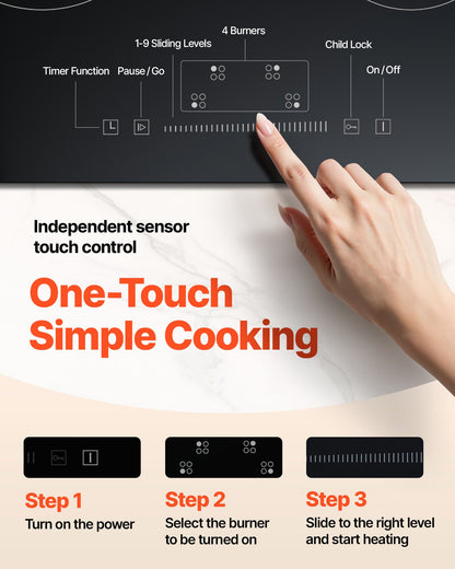 Built in Electric Stove Top, 23.2 x 20.5 inch 4 Burners, 240V Glass Radiant Cooktop with Sensor Touch Control, Timer & Child Lock Included, 9 Power Levels for Simmer Steam Slow Cook Fry