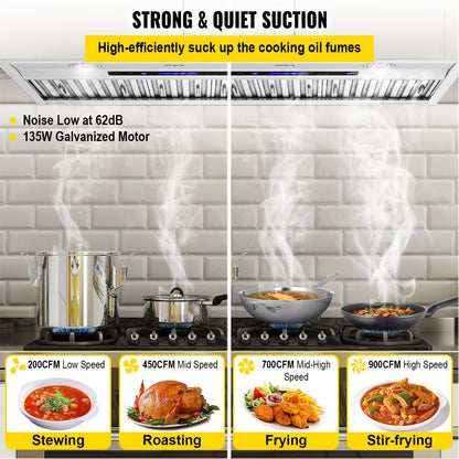 Insert Range Hood, 900CFM 4-Speed, 30 Inch Stainless Steel Built-in Kitchen Vent with Touch & Remote Control LED Lights Baffle Filters, Ducted/Ductless Convertible, ETL Listed