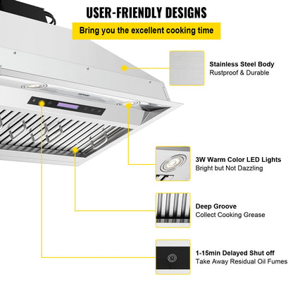 Insert Range Hood, 900CFM 4-Speed, 30 Inch Stainless Steel Built-in Kitchen Vent with Touch & Remote Control LED Lights Baffle Filters, Ducted/Ductless Convertible, ETL Listed
