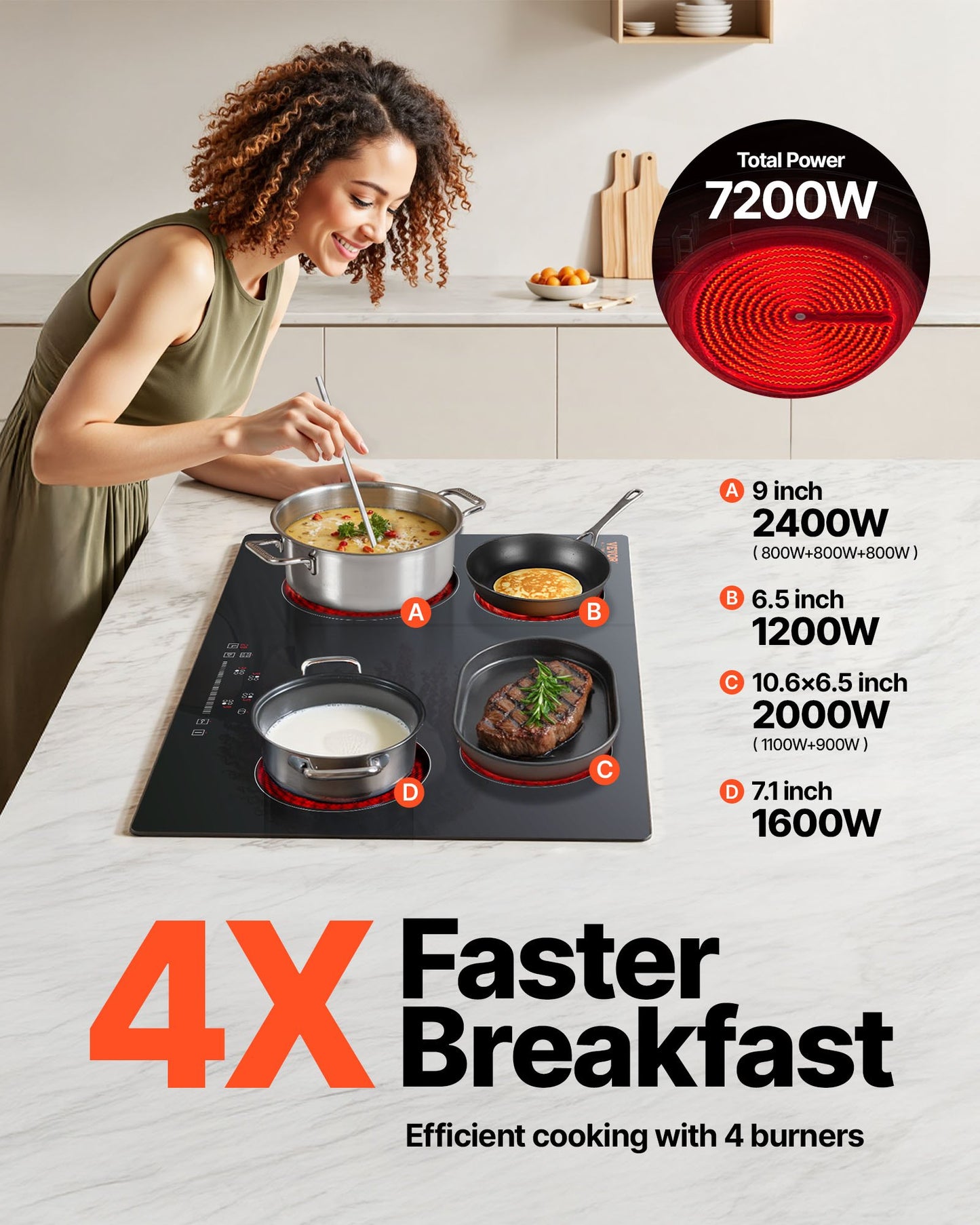 Built in Electric Stove Top, 30.3 x 20.5 inch 4 Burners, 240V Glass Radiant Cooktop with Sensor Touch Control, Timer & Child Lock Included, 9 Power Levels for Simmer Steam Slow Cook Fry