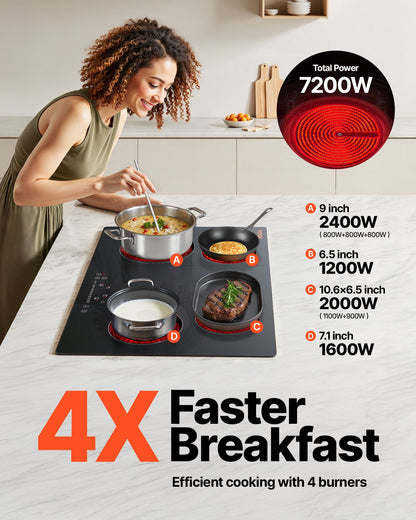 Built in Electric Stove Top, 30.3 x 20.5 inch 4 Burners, 240V Glass Radiant Cooktop with Sensor Touch Control, Timer & Child Lock Included, 9 Power Levels for Simmer Steam Slow Cook Fry