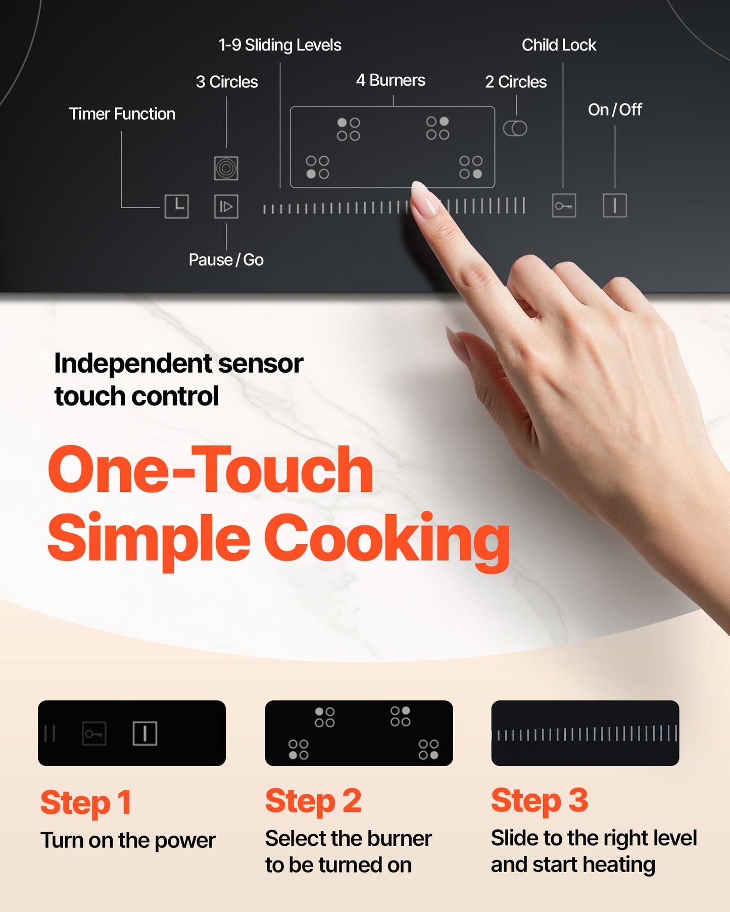 Built in Electric Stove Top, 30.3 x 20.5 inch 4 Burners, 240V Glass Radiant Cooktop with Sensor Touch Control, Timer & Child Lock Included, 9 Power Levels for Simmer Steam Slow Cook Fry