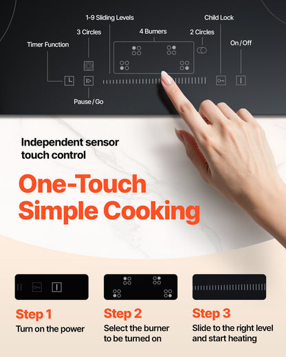 Built in Electric Stove Top, 30.3 x 20.5 inch 4 Burners, 240V Glass Radiant Cooktop with Sensor Touch Control, Timer & Child Lock Included, 9 Power Levels for Simmer Steam Slow Cook Fry