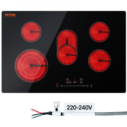 Built in Electric Stove Top, 30.3 x 20.5 inch 5 Burners, 240V Glass Radiant Cooktop with Sensor Touch Control, Timer & Child Lock Included, 9 Power Levels for Simmer Steam Slow Cook Fry