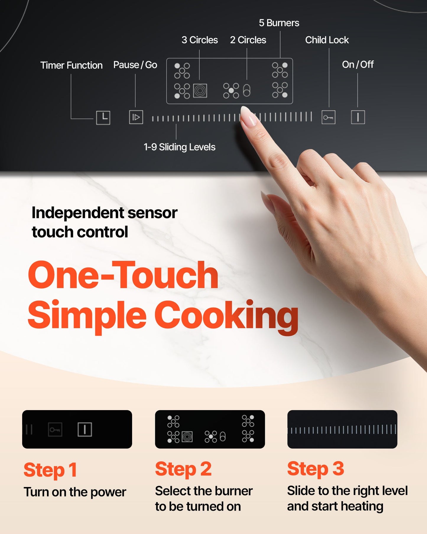 Built in Electric Stove Top, 30.3 x 20.5 inch 5 Burners, 240V Glass Radiant Cooktop with Sensor Touch Control, Timer & Child Lock Included, 9 Power Levels for Simmer Steam Slow Cook Fry