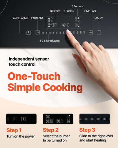 Built in Electric Stove Top, 30.3 x 20.5 inch 5 Burners, 240V Glass Radiant Cooktop with Sensor Touch Control, Timer & Child Lock Included, 9 Power Levels for Simmer Steam Slow Cook Fry