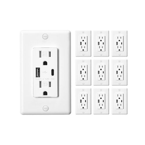USB Wall Outlet, 24 W 15A Tamper Resistant Electrical Outlet with 1 Type C & 1 Type A Ports, 2 Three-prong AC Outlets, Screwless Wall Plate Included, Charging for Multiple Devices, White