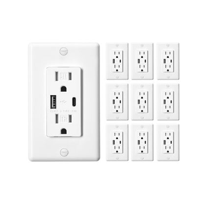USB Wall Outlet, 24 W 15A Tamper Resistant Electrical Outlet with 1 Type C & 1 Type A Ports, 2 Three-prong AC Outlets, Screwless Wall Plate Included, Charging for Multiple Devices, White