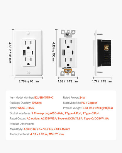 USB Wall Outlet, 24 W 15A Tamper Resistant Electrical Outlet with 1 Type C & 1 Type A Ports, 2 Three-prong AC Outlets, Screwless Wall Plate Included, Charging for Multiple Devices, White