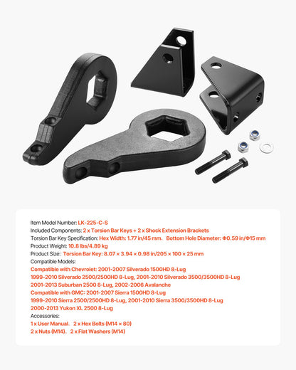 3 Inch Front Leveling Lift Kit for 2001-2010 Chevy Silverado/GMC Sierra 2500HD/3500HD 8-Lug, 01-07 Silverado/Sierra 1500HD, Torsion Bar Keys Suspension Level Kit with 2 Shock Extension Brackets