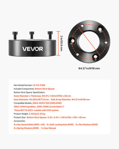 2 Inch Front Leveling Lift Kit for 2004-2025 Ford F150 2WD/4WD, 2003-2018 Expedition, 2005-2008 Lincoln Mark LT, Chassis Level Kit with 2PCS Heavy Duty Forged Aluminum Suspension Strut Spacers
