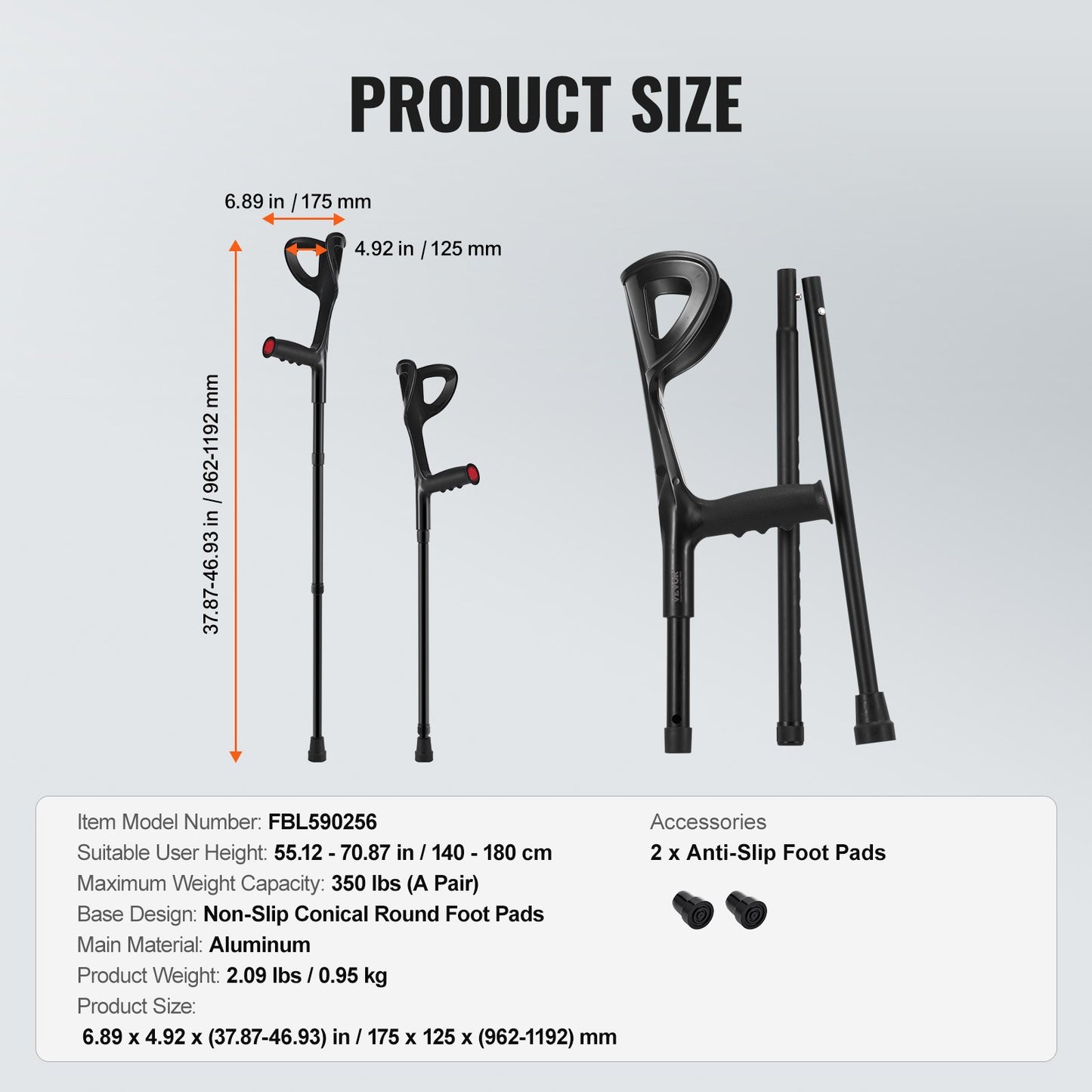 Unterarmgehstützen, 10-stufig höhenverstellbar, Gehstützen, 1 Paar, 158 kg