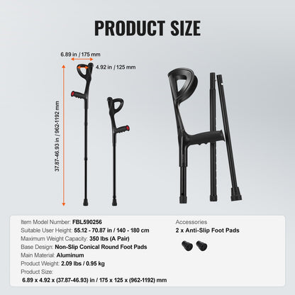Unterarmgehstützen, 10-stufig höhenverstellbar, Gehstützen, 1 Paar, 158 kg