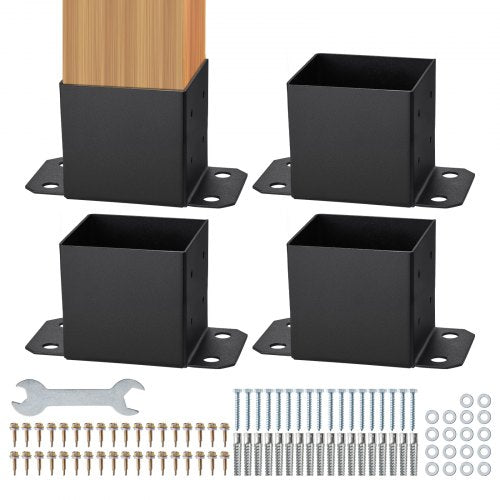 6x6 Post Base 4 Pcs, Inner Size 5.6"x5.6" Post Base Brackets, Heavy Duty Powder-Coated Post Anchor Matte Black Wood Post Brackets for Pavilion Deck Railing Support Deck Base Plate