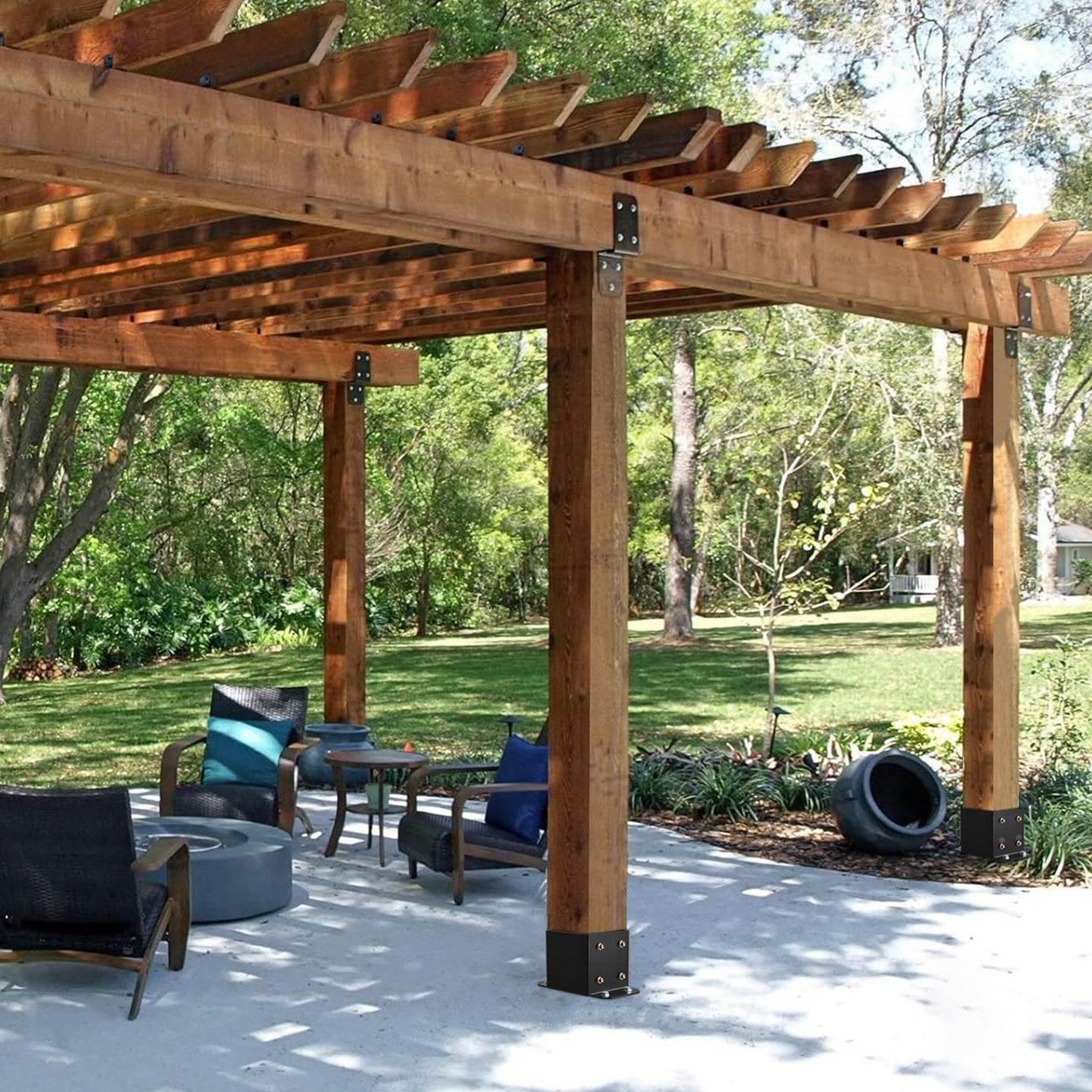 6x6 Post Base 4 Pcs, Inner Size 5.6"x5.6" Post Base Brackets, Heavy Duty Powder-Coated Post Anchor Matte Black Wood Post Brackets for Pavilion Deck Railing Support Deck Base Plate