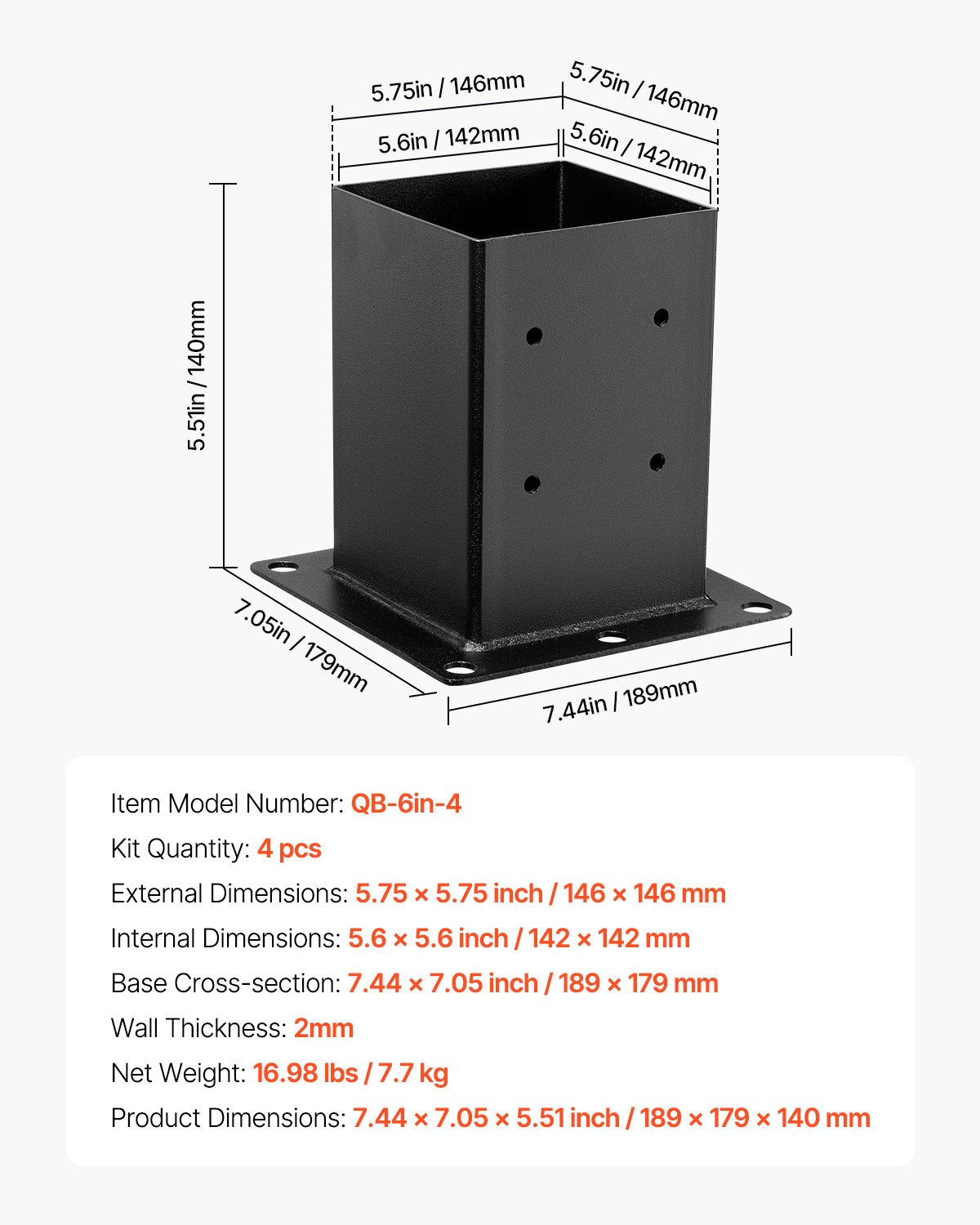 6x6 Post Base 4 Pcs, Inner Size 5.6x5.6 inch / 142x142 mm Post Brackets, Heavy Duty Carbon Steel Decking Posts, Wood Posts Brackets for Pavilion Deck Railing Support Deck Base Plate, Black