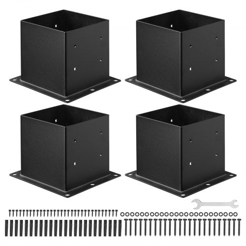 4x4 Post Base 4 Pcs, Inner Size 3.6x3.6 inch / 92x92 mm Post Brackets, Heavy Duty Carbon Steel Decking Posts, Wood Posts Brackets for Pavilion Deck Railing Support Deck Base Plate, Black