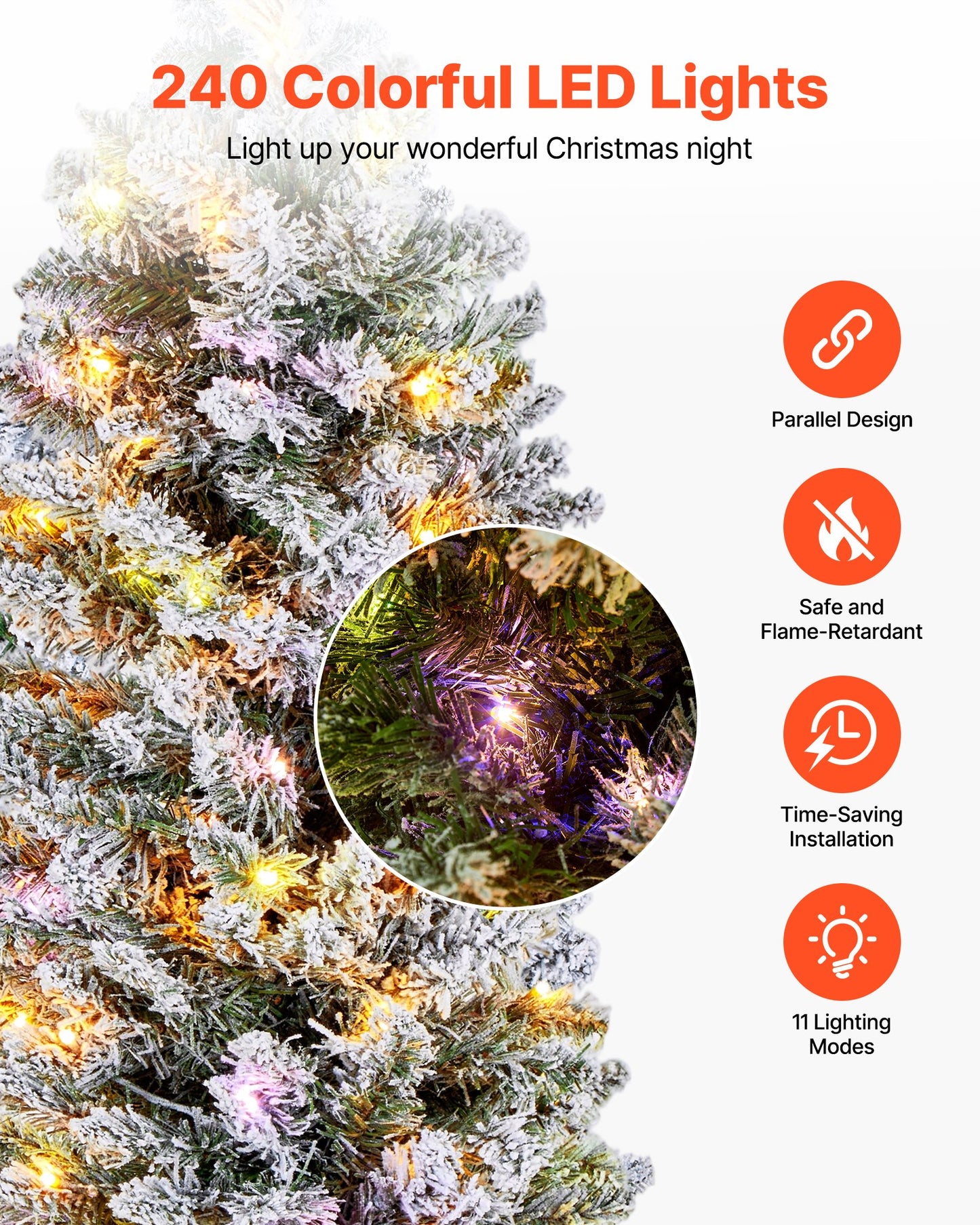 Christmas Tree, 6ft Prelit Flocked Artificial Tree, Full Holiday Xmas Deco Trees with 240 Colorful LED Lights, 11 Lighting Modes & 635 Branch Tips for Home Party Office Decoration