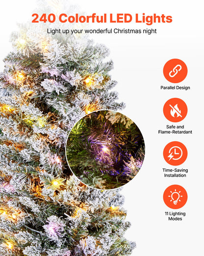 Christmas Tree, 6ft Prelit Flocked Artificial Tree, Full Holiday Xmas Deco Trees with 240 Colorful LED Lights, 11 Lighting Modes & 635 Branch Tips for Home Party Office Decoration