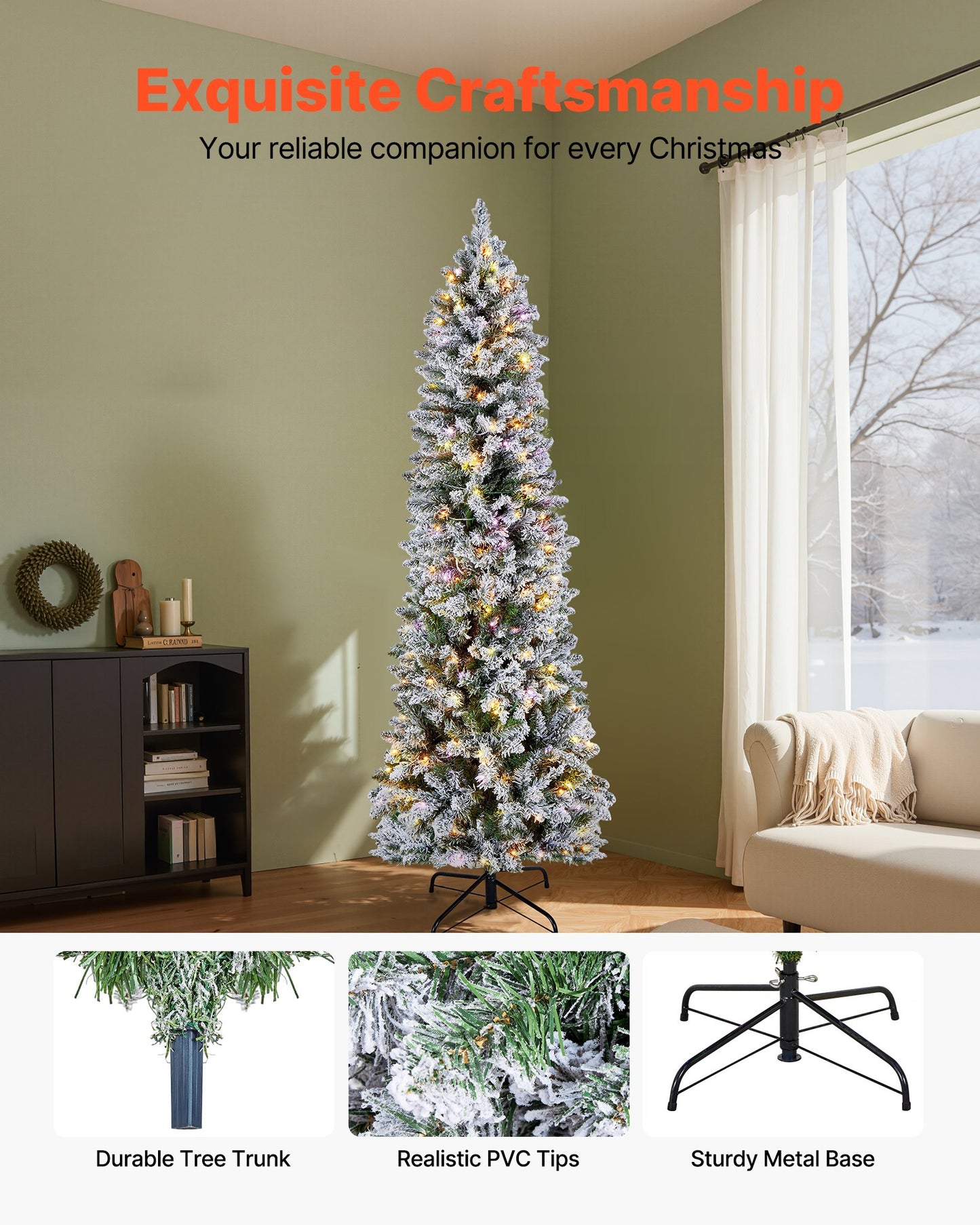 Christmas Tree, 6ft Prelit Flocked Artificial Tree, Full Holiday Xmas Deco Trees with 240 Colorful LED Lights, 11 Lighting Modes & 635 Branch Tips for Home Party Office Decoration