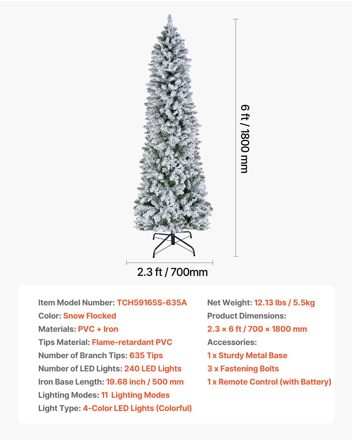 Christmas Tree, 6ft Prelit Flocked Artificial Tree, Full Holiday Xmas Deco Trees with 240 Colorful LED Lights, 11 Lighting Modes & 635 Branch Tips for Home Party Office Decoration