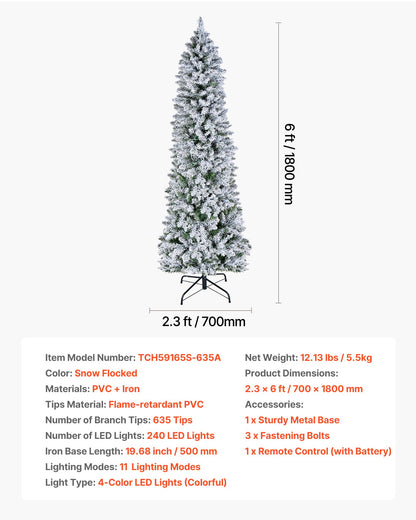 Christmas Tree, 6ft Prelit Flocked Artificial Tree, Full Holiday Xmas Deco Trees with 240 Colorful LED Lights, 11 Lighting Modes & 635 Branch Tips for Home Party Office Decoration
