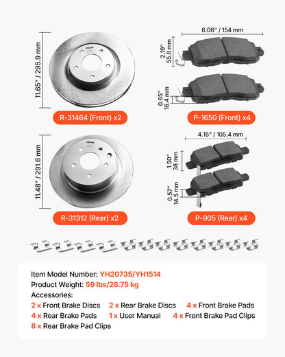 Front and Rear Brake Kit Compatible with 2013 Nissan Altima (Base, SL, SV & S Sedan), 2014-2018 Nissan Altima, 2019-2023 Nissan Altima (with Manual Parking Brake), Hollow Structure Front Rotors