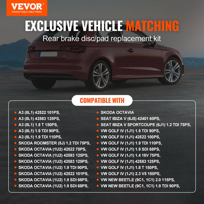Bakre bromssats Bromsrotorer Bromsbeläggsbytessats för Audi A3(8L)
