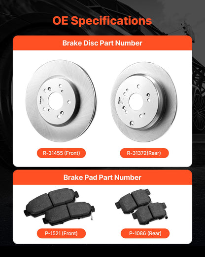 Front & Rear Brake Kit Compatible with 2012-2016 Honda CR-V (AWD Models), Ceramic Brake Replacement Kits, 12 inch Hollow Structure Front Rotors, 12 inch Solid Structure Rear Rotors, R-31455