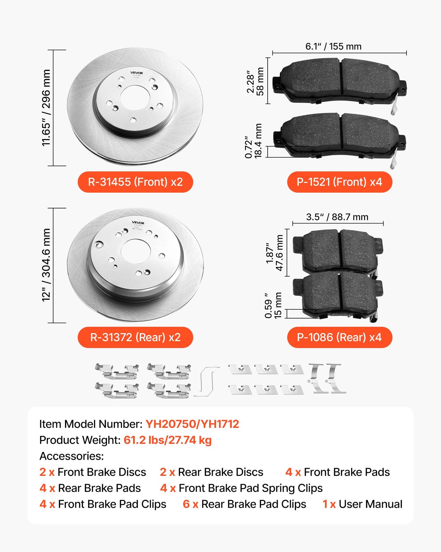 Front & Rear Brake Kit Compatible with 2012-2016 Honda CR-V (AWD Models), Ceramic Brake Replacement Kits, 12 inch Hollow Structure Front Rotors, 12 inch Solid Structure Rear Rotors, R-31455