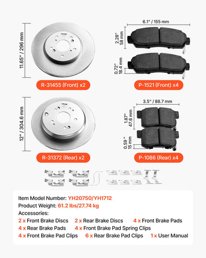 Front & Rear Brake Kit Compatible with 2012-2016 Honda CR-V (AWD Models), Ceramic Brake Replacement Kits, 12 inch Hollow Structure Front Rotors, 12 inch Solid Structure Rear Rotors, R-31455