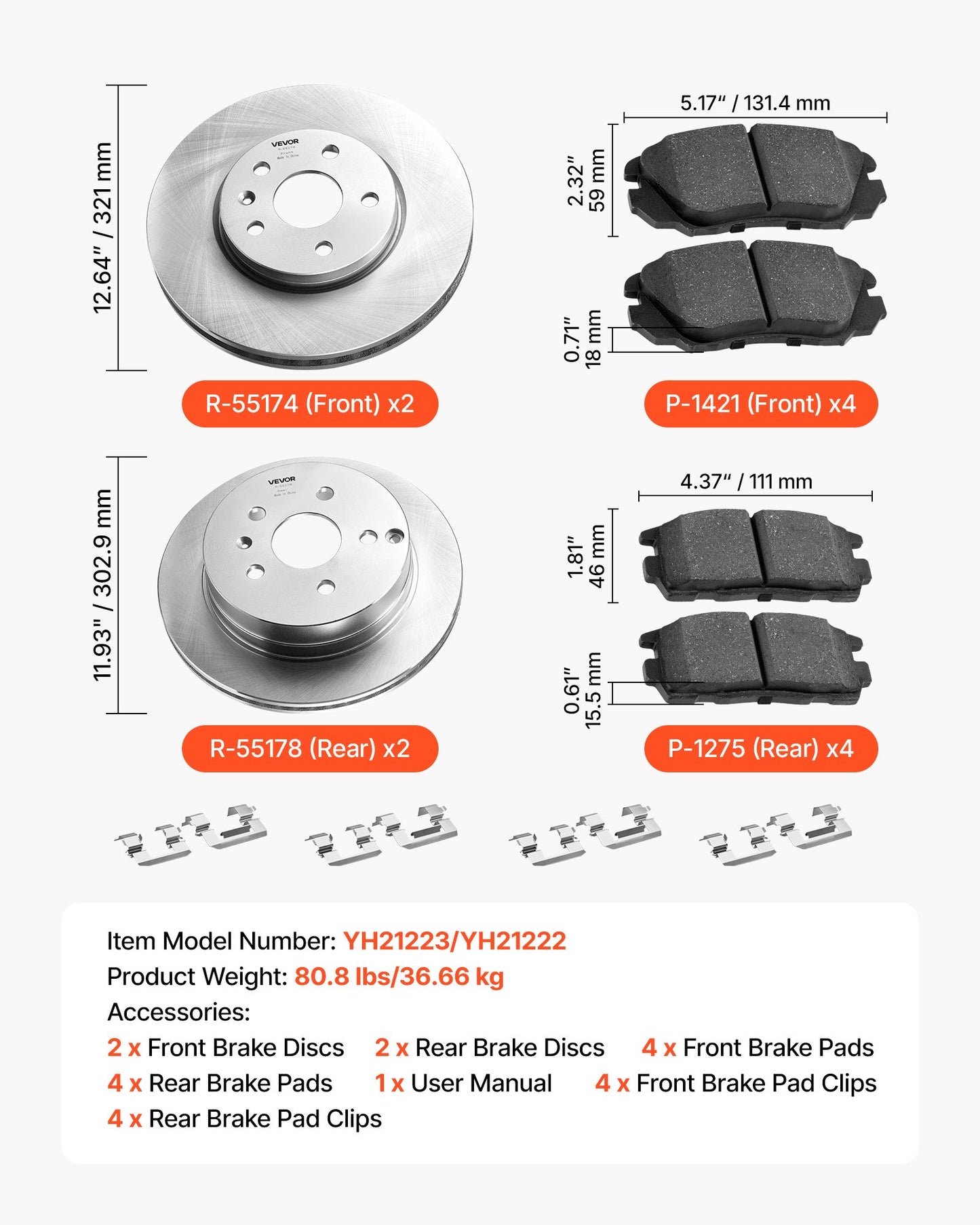 Front and Rear Brake Kit Compatible with 2010-2017 Chevrolet Equinox, 2010-2017 GMC Terrain, Hollow Brake Rotors Ceramic Brake Pads Replacement Kit, 12.7 in Front Rotors, 12 in Rear Rotors
