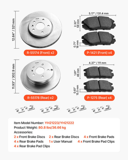 Front and Rear Brake Kit Compatible with 2010-2017 Chevrolet Equinox, 2010-2017 GMC Terrain, Hollow Brake Rotors Ceramic Brake Pads Replacement Kit, 12.7 in Front Rotors, 12 in Rear Rotors