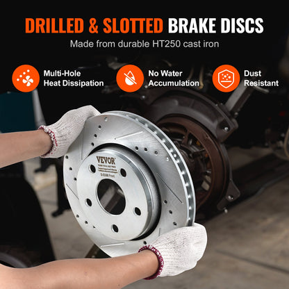 Front and Rear Brake Kit Compatible with 2007-2017 Jeep Wrangler, Drilled and Slotted Brake Rotors Ceramic Brake Pads Replacement, 11.9" Front Rotors 12.4" Rear Rotors