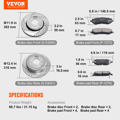 Front and Rear Brake Kit Compatible with 2007-2017 Jeep Wrangler, Drilled and Slotted Brake Rotors Ceramic Brake Pads Replacement, 11.9" Front Rotors 12.4" Rear Rotors
