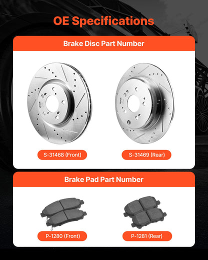 Front and Rear Brake Kit Compatible with 2007-2013 Acura MDX, 2010-2013 Acura ZDX, 2009-2014 Honda Pilot, Drilled and Slotted Brake Rotors Ceramic Brake Pads Replacement Kit, 13 in (Front)