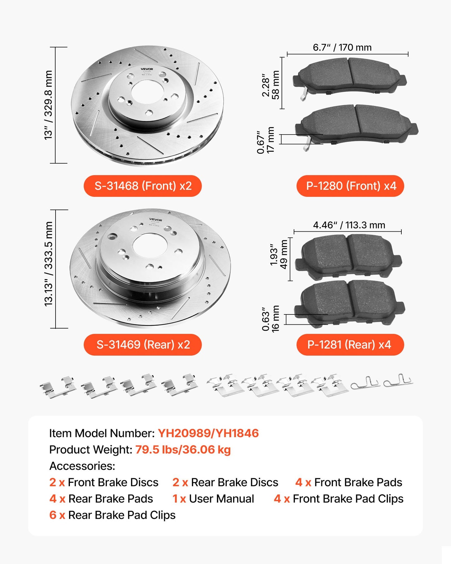 Front and Rear Brake Kit Compatible with 2007-2013 Acura MDX, 2010-2013 Acura ZDX, 2009-2014 Honda Pilot, Drilled and Slotted Brake Rotors Ceramic Brake Pads Replacement Kit, 13 in (Front)