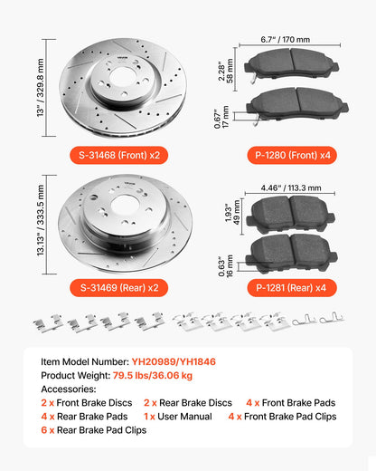 Front and Rear Brake Kit Compatible with 2007-2013 Acura MDX, 2010-2013 Acura ZDX, 2009-2014 Honda Pilot, Drilled and Slotted Brake Rotors Ceramic Brake Pads Replacement Kit, 13 in (Front)