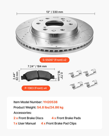 Front Brake Kit Compatible with 2008-2016 Cadillac Escalade/Escalade ESV, 2017-2020 Cadillac Escalade/Escalade ESV (Models without Brembo Brake Package), Drilled & Slotted Brake Rotors Kit