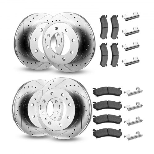 Front and Rear Brake Kit Compatible with 2002-2006 Chevrolet Avalanche 2500 (8 STUD), 2002-2004 Chevrolet Silverado 2500 (Models w/Manual Transmission ONLY), Drilled & Slotted Brake Rotors