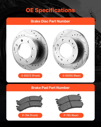Front and Rear Brake Kit Compatible with 2002-2006 Chevrolet Avalanche 2500 (8 STUD), 2002-2004 Chevrolet Silverado 2500 (Models w/Manual Transmission ONLY), Drilled & Slotted Brake Rotors