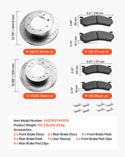Front and Rear Brake Kit Compatible with 2002-2006 Chevrolet Avalanche 2500 (8 STUD), 2002-2004 Chevrolet Silverado 2500 (Models w/Manual Transmission ONLY), Drilled & Slotted Brake Rotors