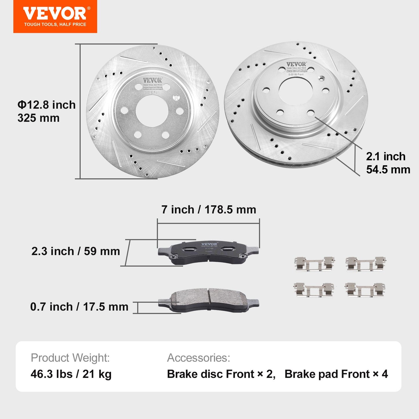 Front Brake Kit Compatible with 2007-2017 Chevy Traverse, Buick Enclave, GMC Acadia, Saturn Outlook, Drilled and Slotted Brake Rotors Ceramic Brake Pads Replacement Kit, 12.8" Front Rotors