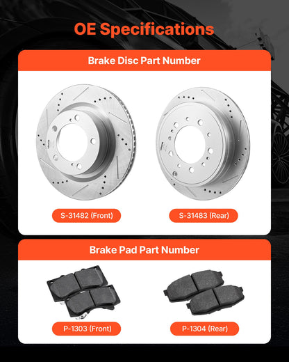 Front & Rear Ceramic Brake Kit Compatible with 2016-2021 Lexus LX570, 2016-2021 Toyota Land Cruiser, Drilled and Slotted Brake Rotors Ceramic Brake Pads Replacement Kit, 14 inch Front Rotors