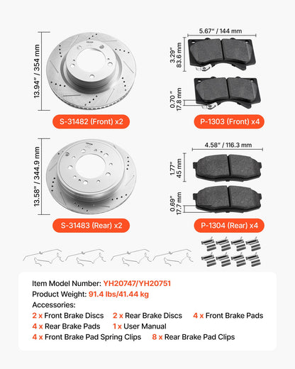 Front & Rear Ceramic Brake Kit Compatible with 2016-2021 Lexus LX570, 2016-2021 Toyota Land Cruiser, Drilled and Slotted Brake Rotors Ceramic Brake Pads Replacement Kit, 14 inch Front Rotors