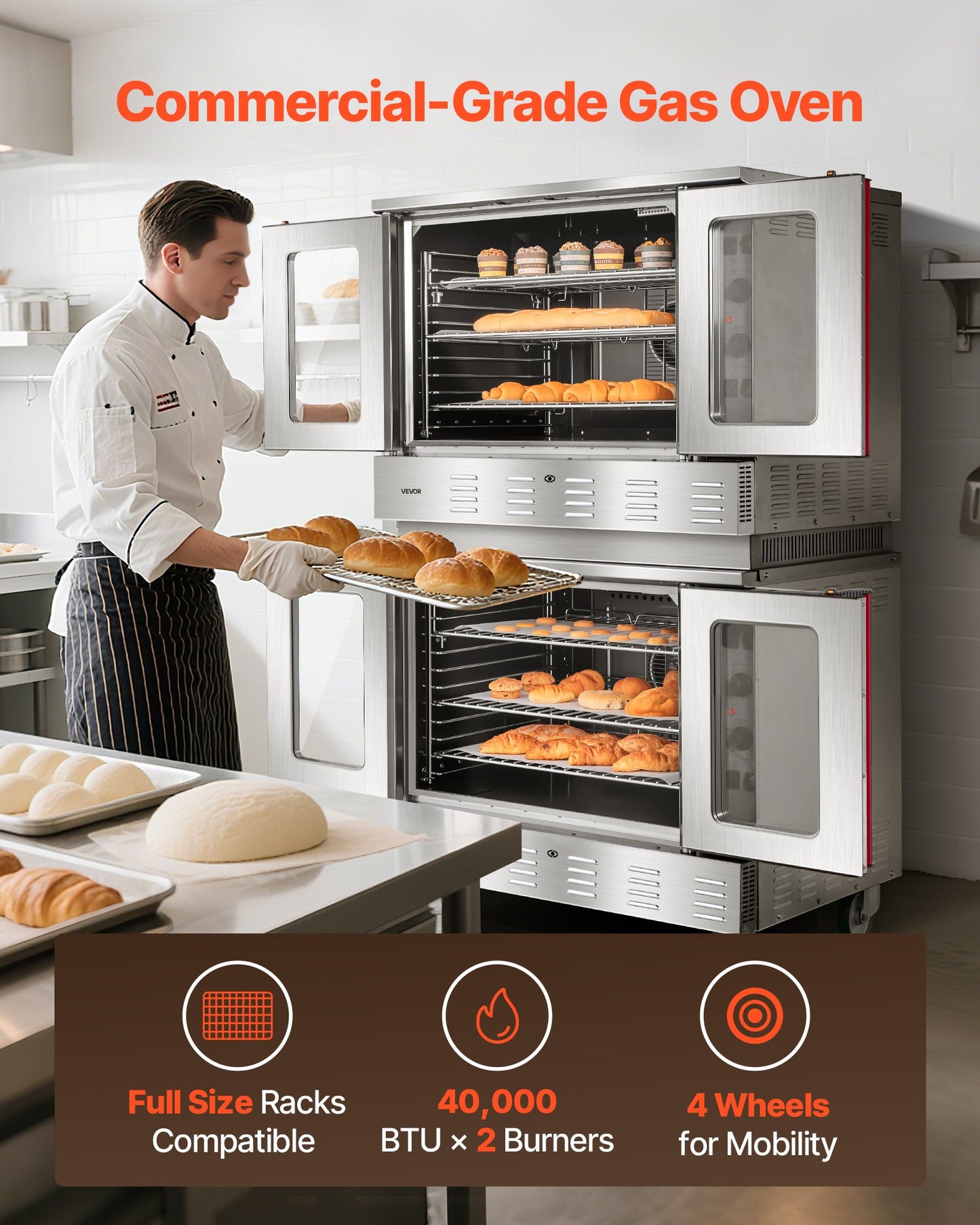 Double Deck Gas Convection Oven, 14 cu.ft Full-Size Commercial Convection Oven, 40,000 BTU x 2 Powerful Burners, Natural Gas Commercial Ovens with Two Fan Modes, for Bakery, Restaurant & Kitchen