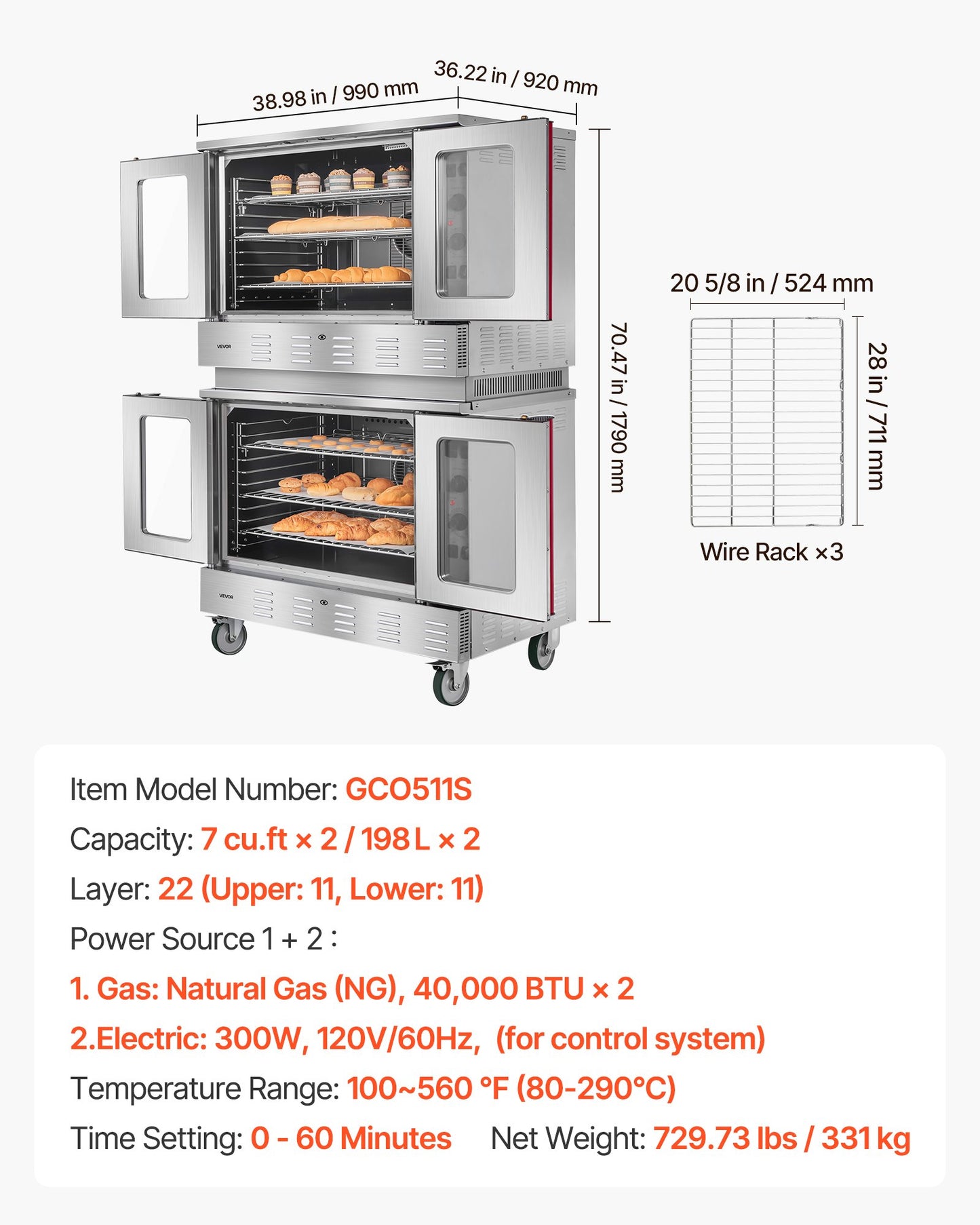 Double Deck Gas Convection Oven, 14 cu.ft Full-Size Commercial Convection Oven, 40,000 BTU x 2 Powerful Burners, Natural Gas Commercial Ovens with Two Fan Modes, for Bakery, Restaurant & Kitchen