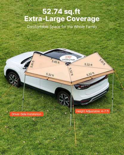 270 Degree Awning, 52 sq.ft Driver Side Vehicle Awning, Waterproof UV50+ Car Side Awnings with Carry Bag, All-Weather Free-Standing Overland Awnings Car Shelter for SUV Van Truck Camping