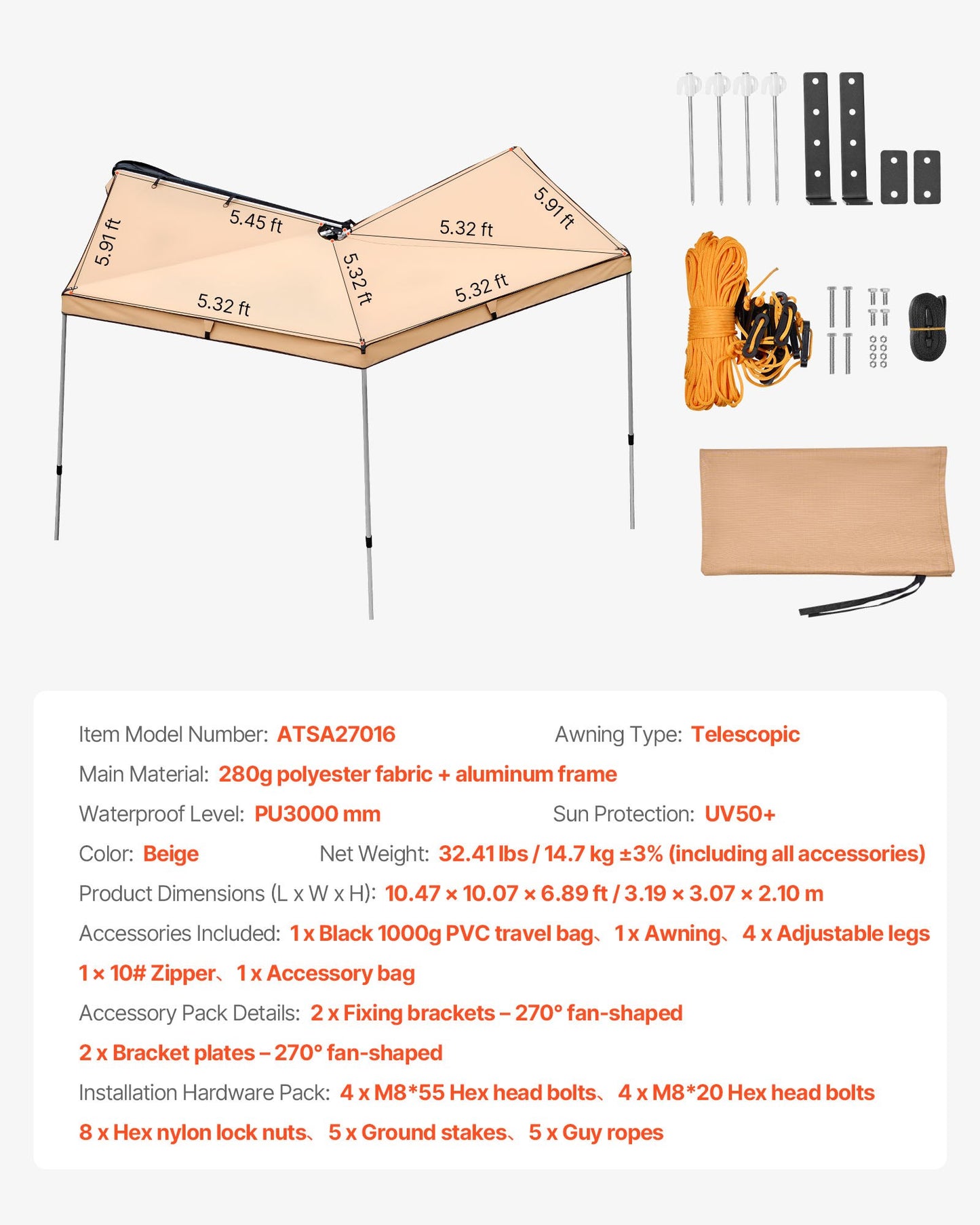 270 Degree Awning, 52 sq.ft Driver Side Vehicle Awning, Waterproof UV50+ Car Side Awnings with Carry Bag, All-Weather Free-Standing Overland Awnings Car Shelter for SUV Van Truck Camping