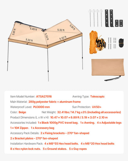 270 Degree Awning, 52 sq.ft Driver Side Vehicle Awning, Waterproof UV50+ Car Side Awnings with Carry Bag, All-Weather Free-Standing Overland Awnings Car Shelter for SUV Van Truck Camping